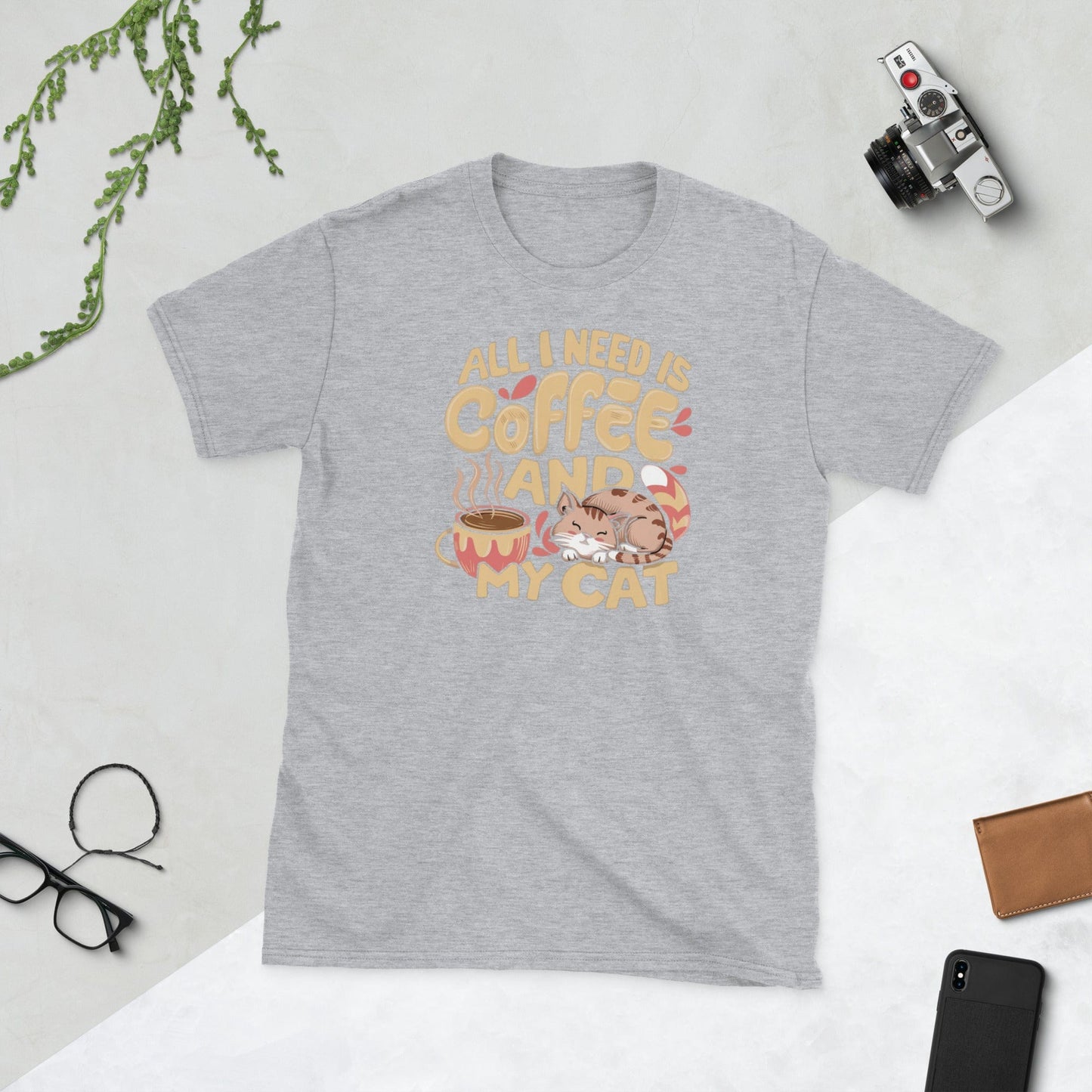 Padres Mágicos Gris deportivo / S Camiseta "Todo lo que necesito es café y mi gato" - 100% Algodón para Amantes de Gatos