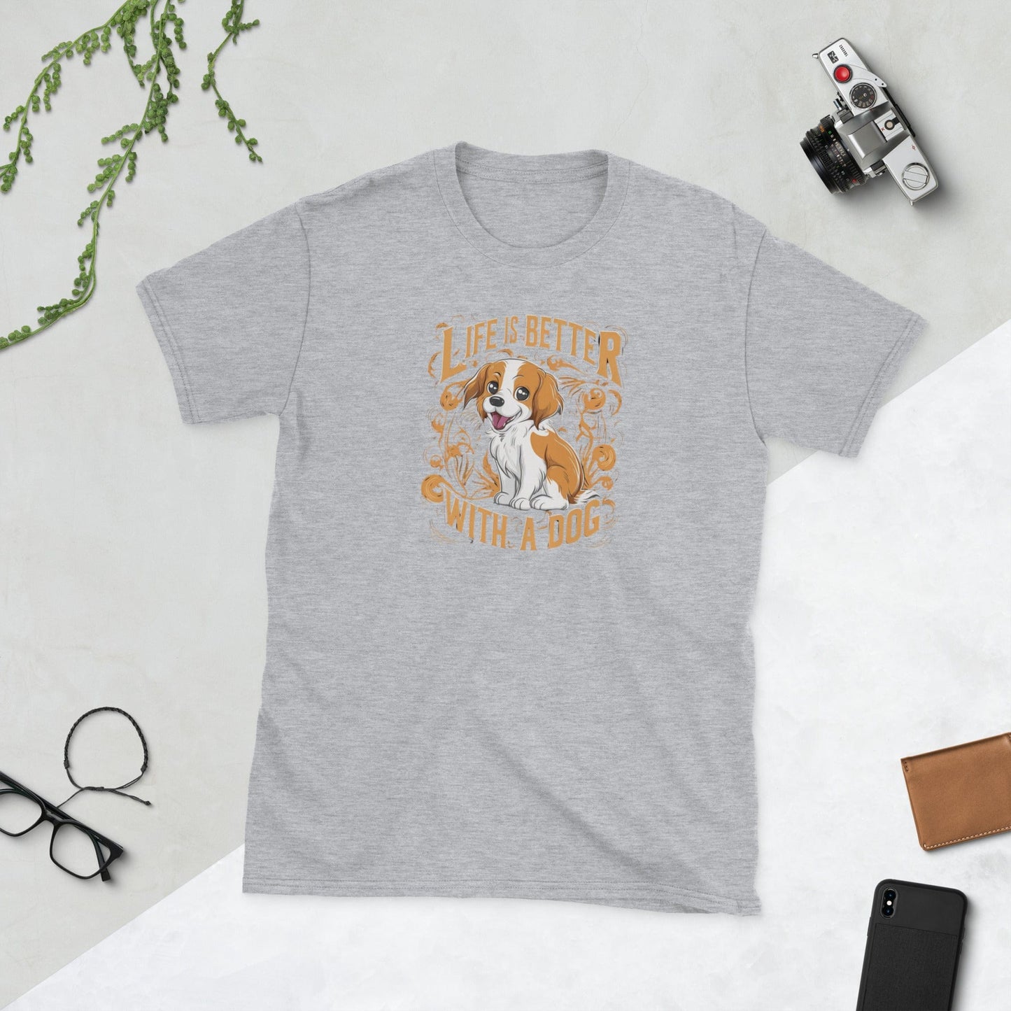 Padres Mágicos Gris deportivo / S Camiseta "Vida Mejor con un Perro" - 100% Algodón para Amantes de los Perros