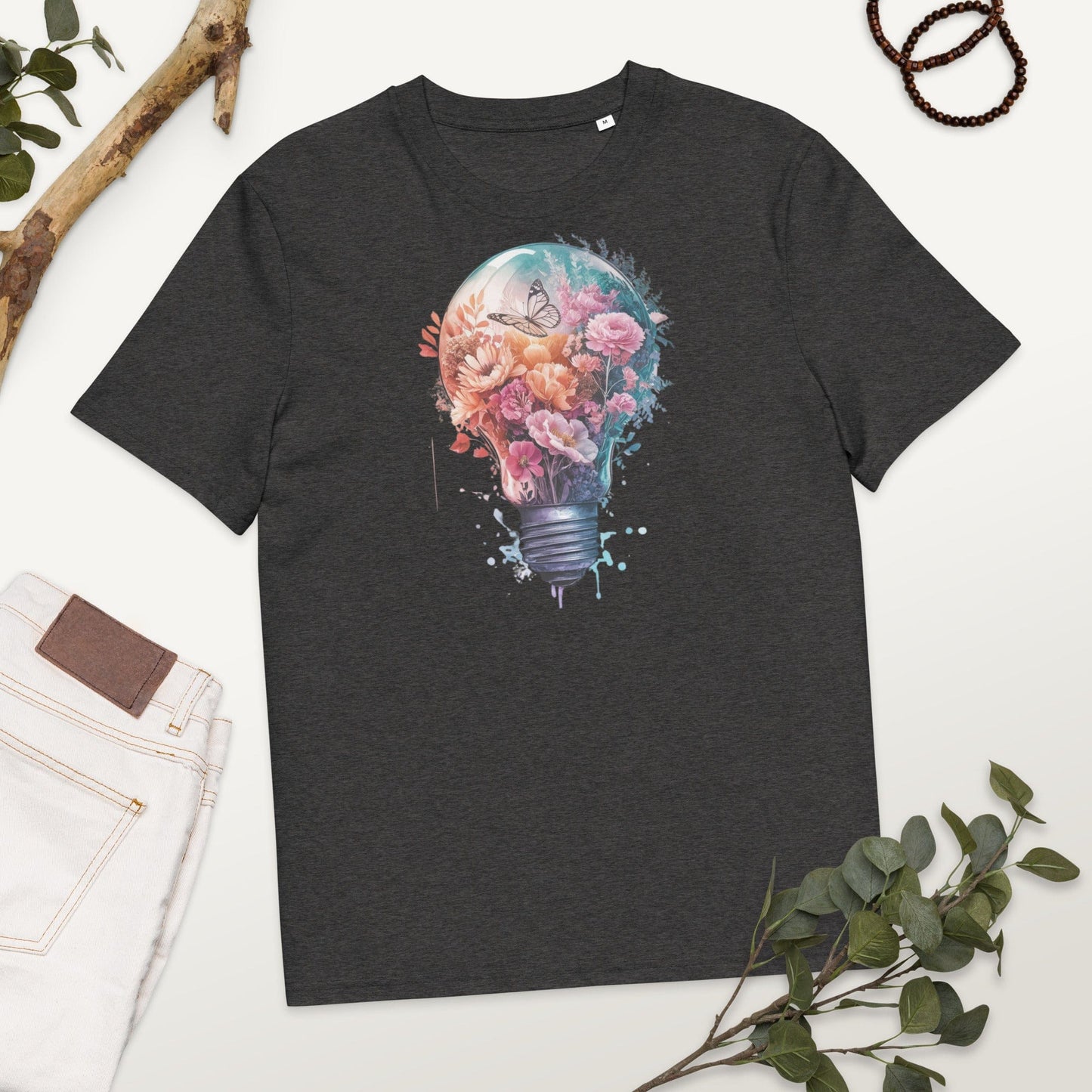 Padres Mágicos Gris jaspeado oscuro / S Camiseta "Bombilla Floral con Mariposa" 100% Algodón Orgánico - Para Amantes de la Creatividad y la Naturaleza