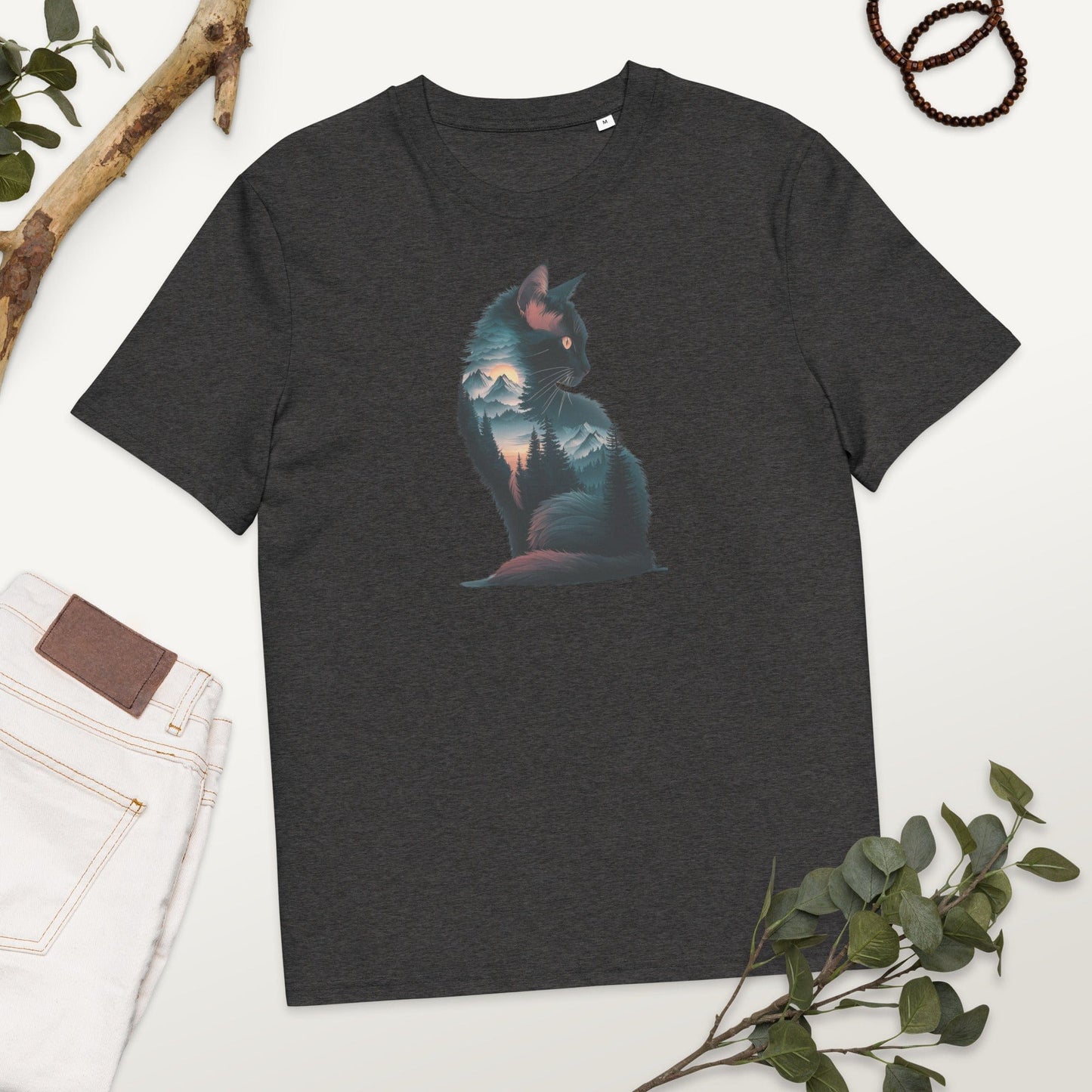 Padres Mágicos Gris jaspeado oscuro / S Camiseta Gato con Paisaje de Montaña - Algodón Orgánico