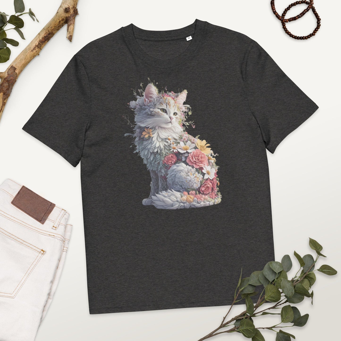 Padres Mágicos Gris jaspeado oscuro / S Camiseta "Gato Floral Encantado" 100% Algodón Orgánico - Para Amantes del Arte y la Naturaleza