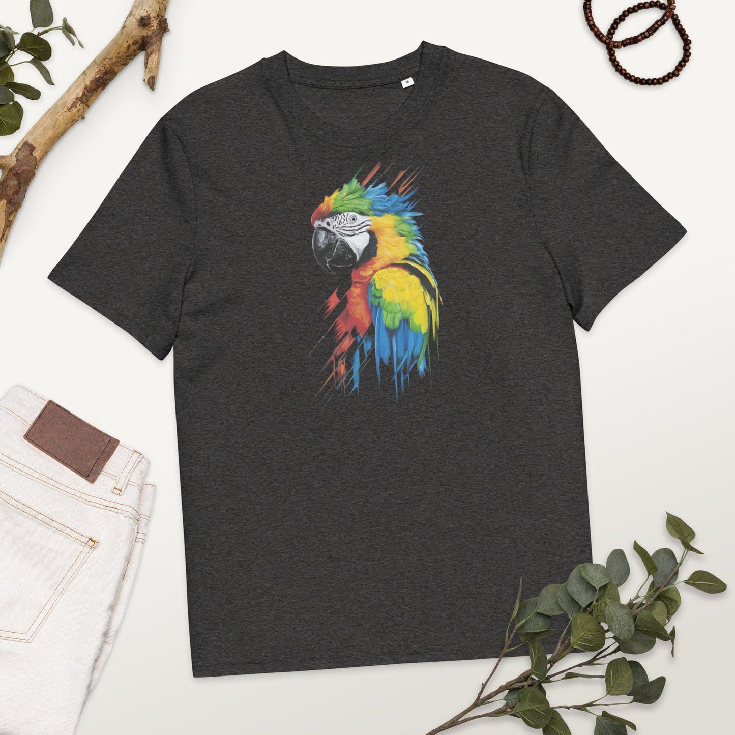 Padres Mágicos Gris jaspeado oscuro / S Camiseta "Guacamayo de Colores" 100% Algodón Orgánico