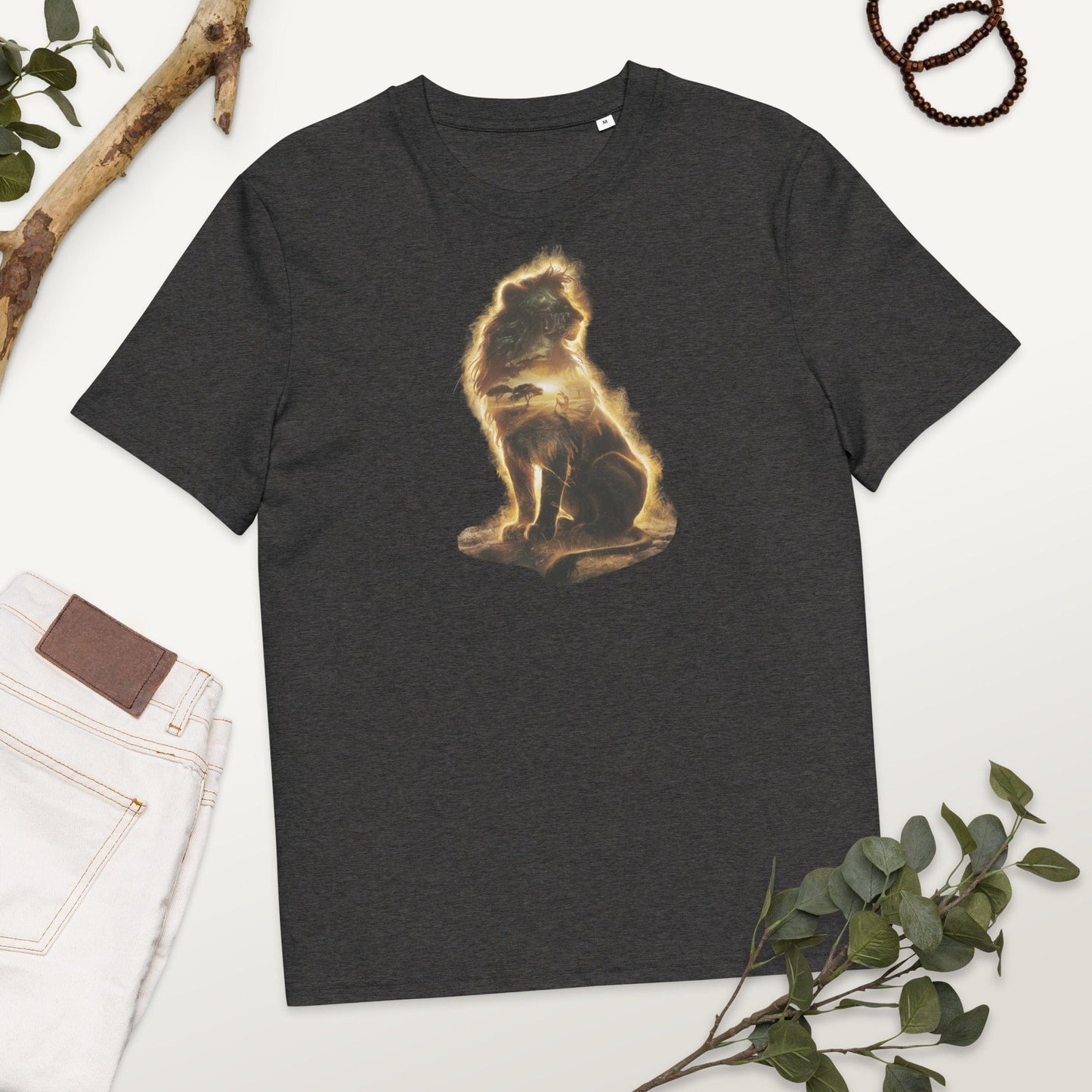 Padres Mágicos Gris jaspeado oscuro / S Camiseta "León del Safari Dorado" 100% Algodón Orgánico