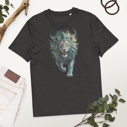 Padres Mágicos Gris jaspeado oscuro / S Camiseta "León Furia Verde" 100% Algodón Orgánico - Para Amantes de la Fuerza y la Naturaleza