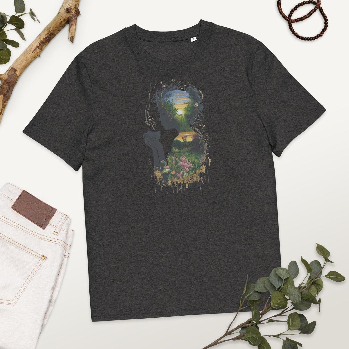 Padres Mágicos Gris jaspeado oscuro / S Camiseta Silueta Mujer con Té y Paisaje - Algodón Orgánico