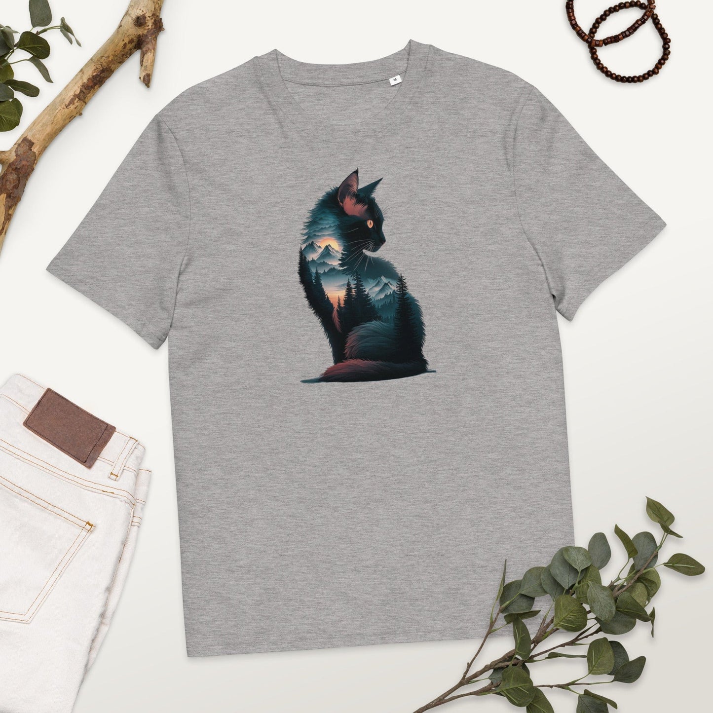 Padres Mágicos Gris jaspeado / S Camiseta Gato con Paisaje de Montaña - Algodón Orgánico