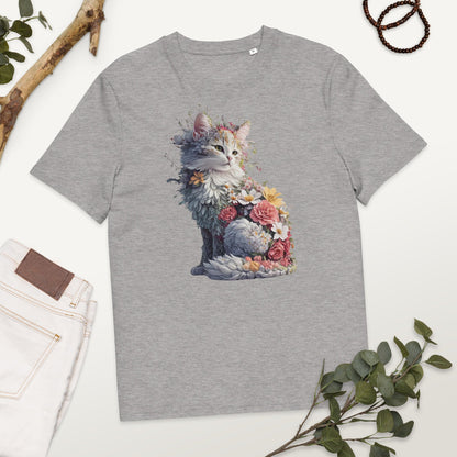 Padres Mágicos Gris jaspeado / S Camiseta "Gato Floral Encantado" 100% Algodón Orgánico - Para Amantes del Arte y la Naturaleza