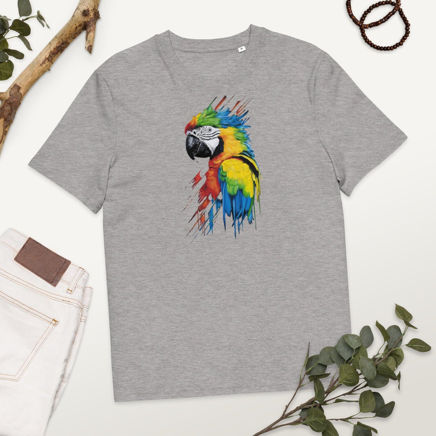 Padres Mágicos Gris jaspeado / S Camiseta "Guacamayo de Colores" 100% Algodón Orgánico