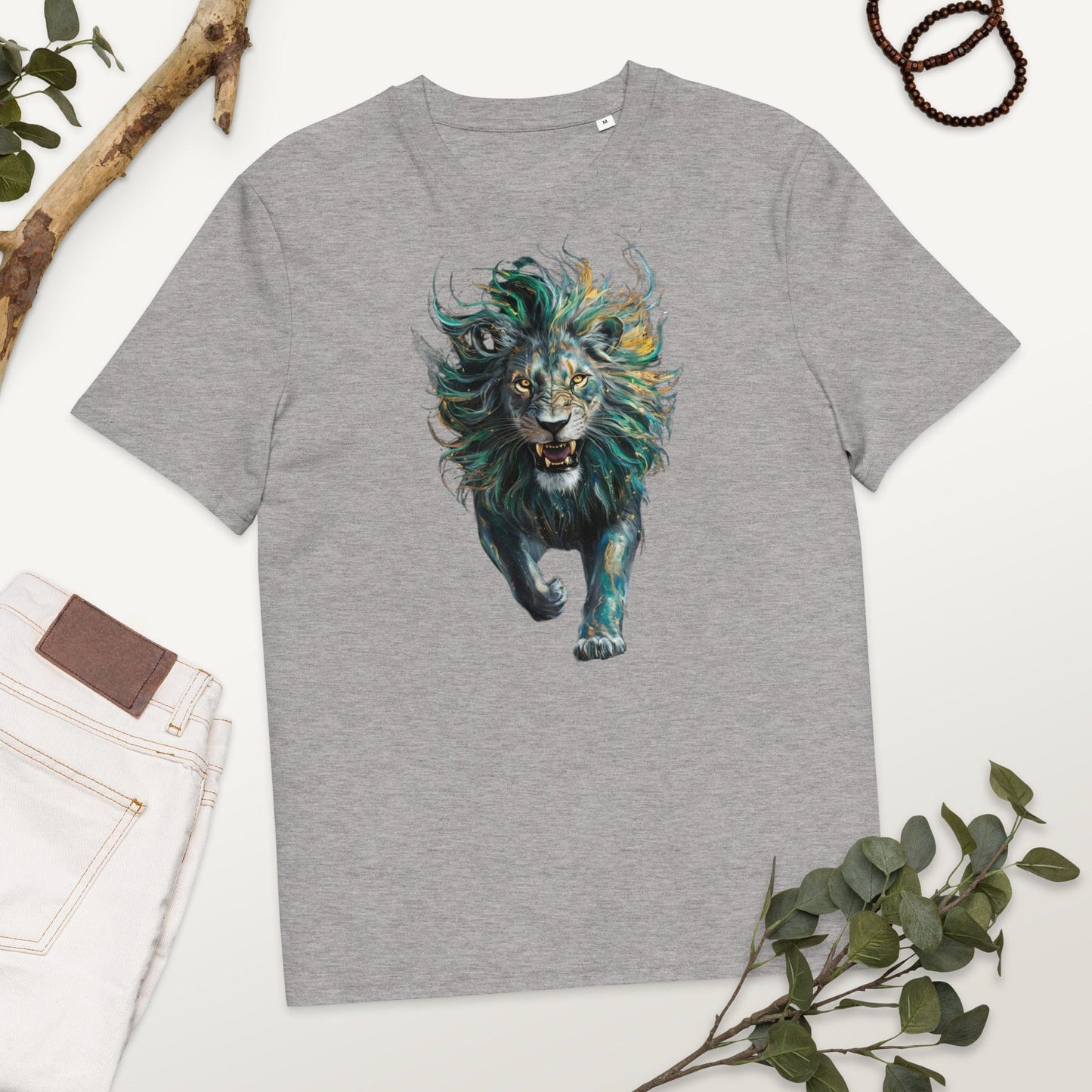 Padres Mágicos Gris jaspeado / S Camiseta "León Furia Verde" 100% Algodón Orgánico - Para Amantes de la Fuerza y la Naturaleza