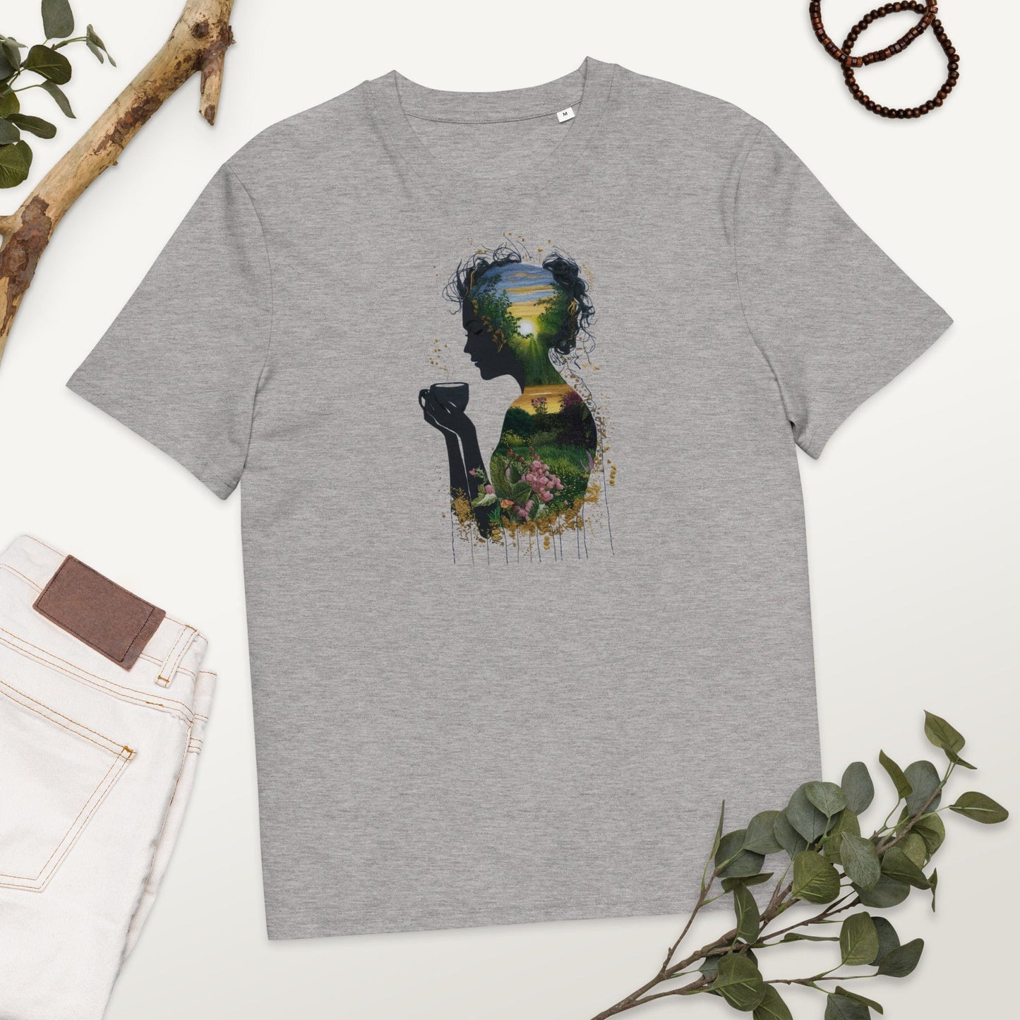 Padres Mágicos Gris jaspeado / S Camiseta Silueta Mujer con Té y Paisaje - Algodón Orgánico