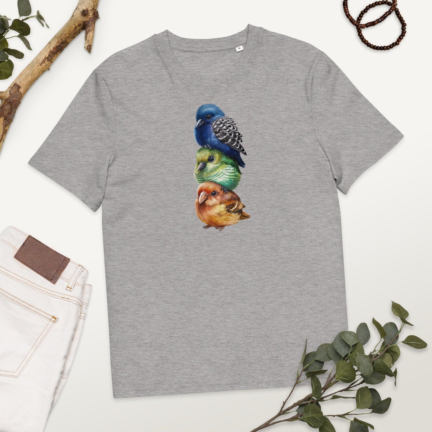 Padres Mágicos Gris jaspeado / S Camiseta Tres Pajaritos Coloridos - Algodón Orgánico