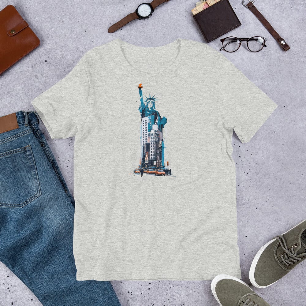 Padres Mágicos Jaspeado atlético / S Camiseta Artística "Estatua de la Libertad en la Ciudad" - Diseño Urbano