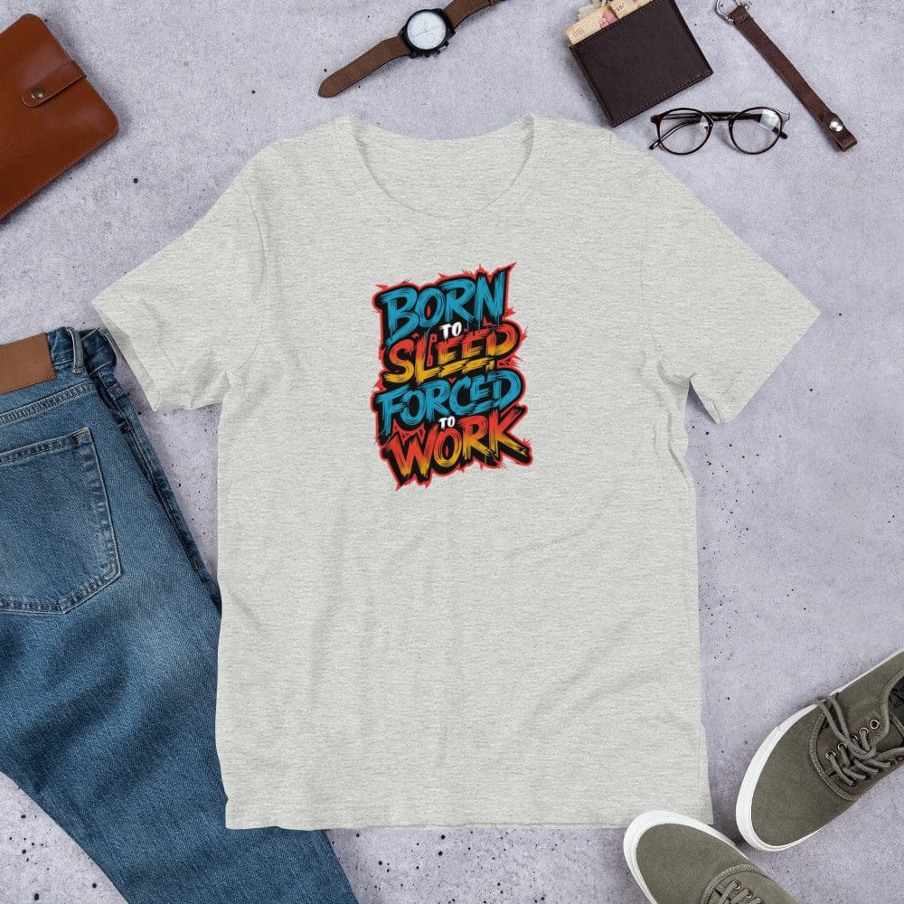 Padres Mágicos Jaspeado atlético / S Camiseta Divertida "Born to Sleep, Forced to Work" - Diseño Colorido
