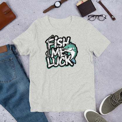 Padres Mágicos Jaspeado atlético / S Camiseta Divertida "Fish Me Luck" - Diseño para Amantes de la Pesca