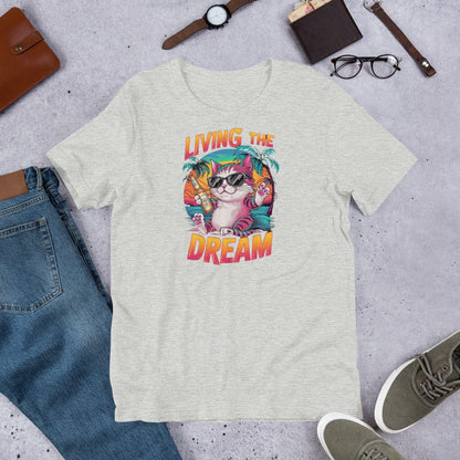 Padres Mágicos Jaspeado atlético / S Camiseta "Living the Dream" - Diseño de Gato Relajado