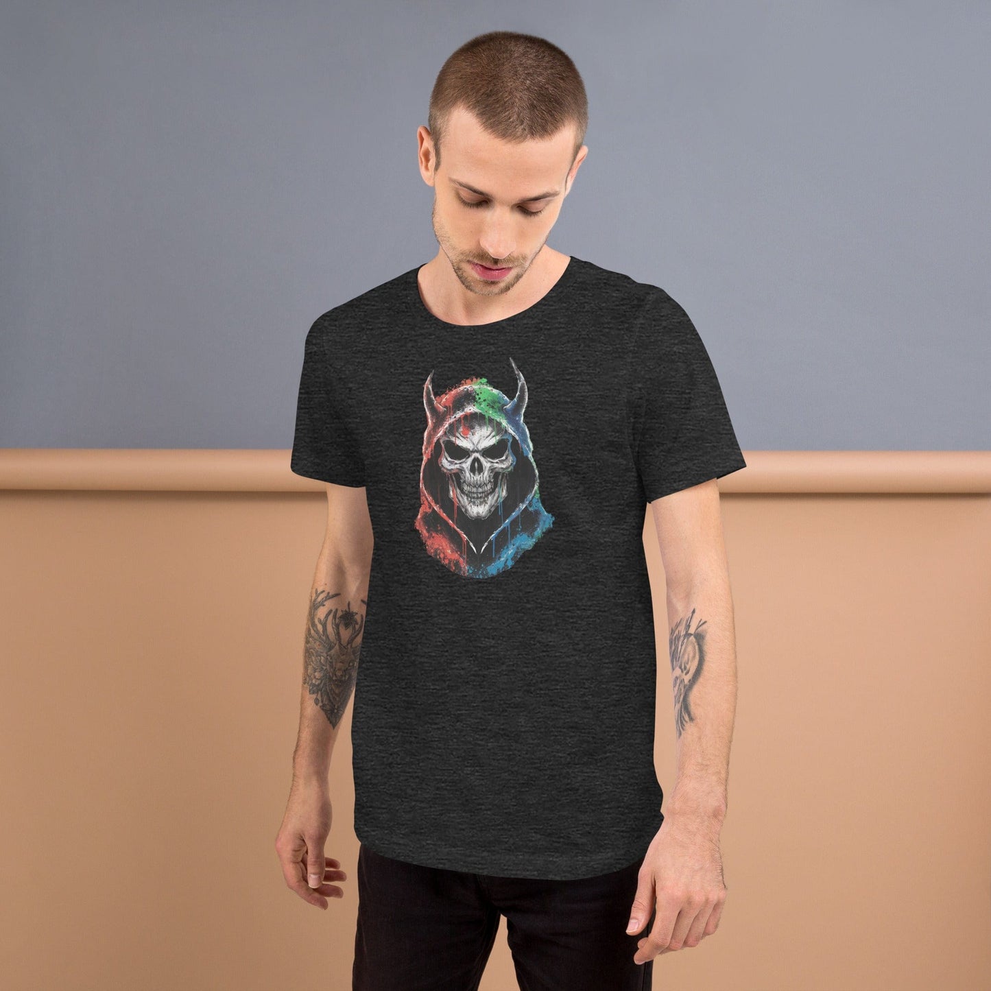 Padres Mágicos Jaspeado gris oscuro / S Camiseta "Calavera del Diablo" de algodón suave - Para los que aman el estilo atrevido y único