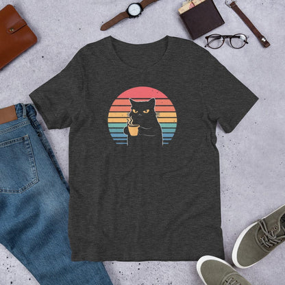 Padres Mágicos Jaspeado gris oscuro / S Camiseta Gato Enfadado con Café - Diseño Retro