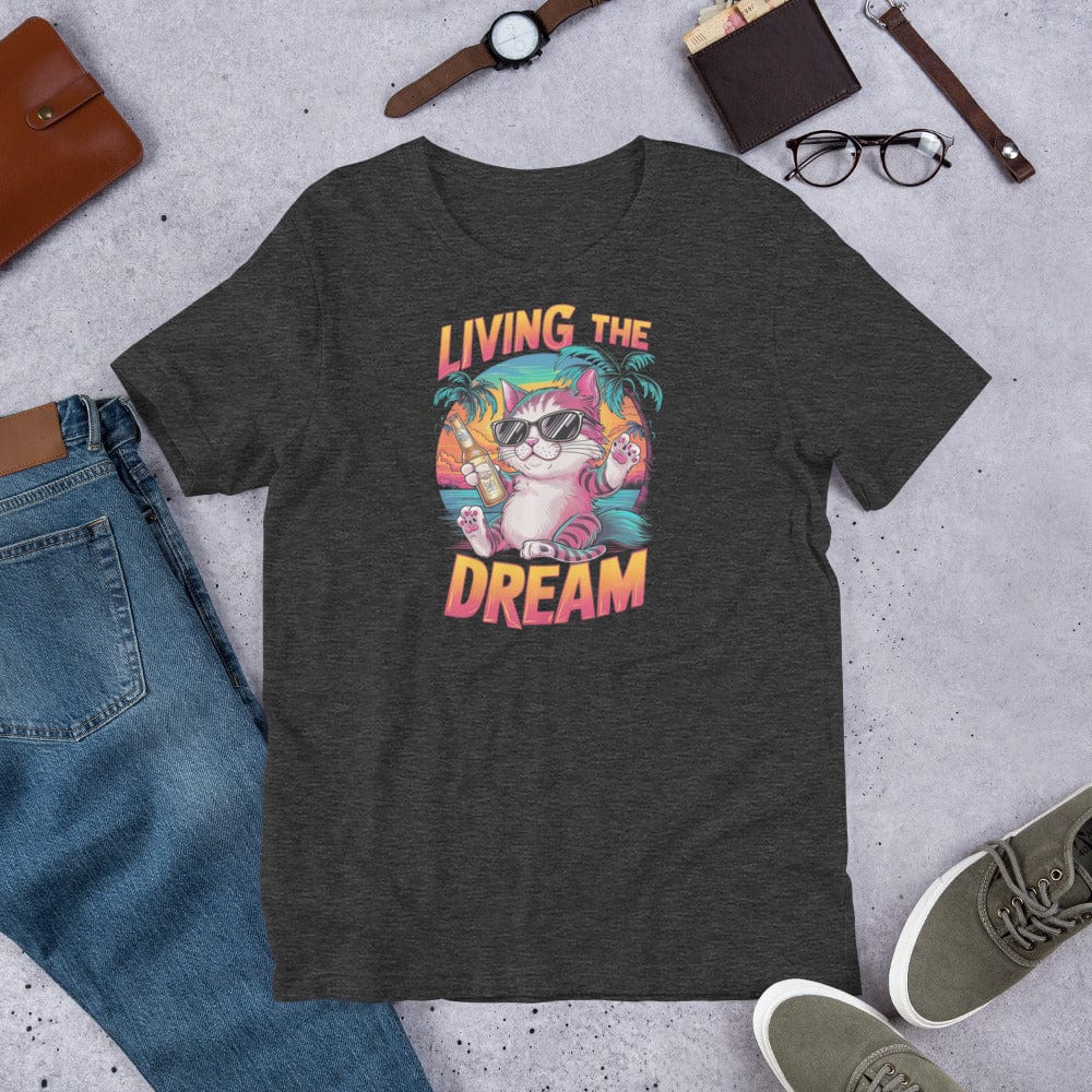 Padres Mágicos Jaspeado gris oscuro / S Camiseta "Living the Dream" - Diseño de Gato Relajado