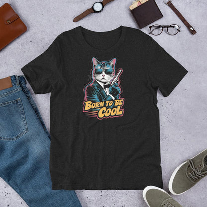 Padres Mágicos Jaspeado negro / S Camiseta Divertida "Born to Be Cool" - Diseño de Gato Espía