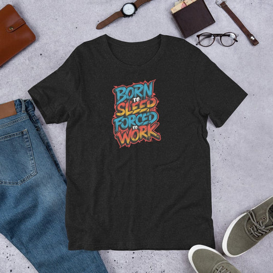 Padres Mágicos Jaspeado negro / S Camiseta Divertida "Born to Sleep, Forced to Work" - Diseño Colorido