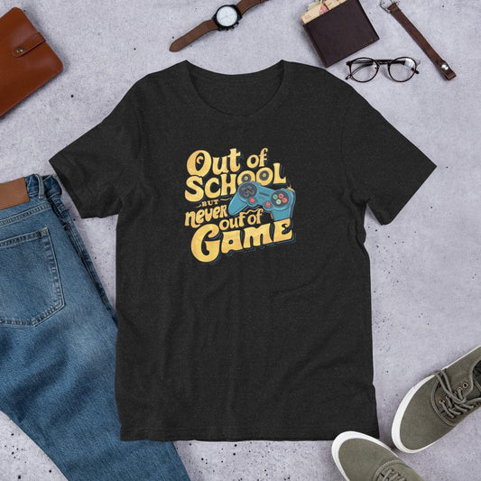 Padres Mágicos Jaspeado negro / S Camiseta Gamer "Out of School but Never Out of Game"