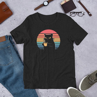 Padres Mágicos Jaspeado negro / S Camiseta Gato Enfadado con Café - Diseño Retro