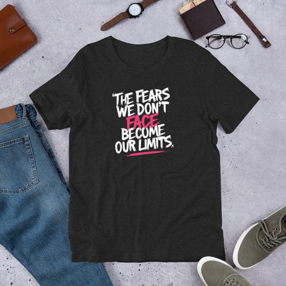 Padres Mágicos Jaspeado negro / S Camiseta Inspiradora "The Fears We Don't Face Become Our Limits"