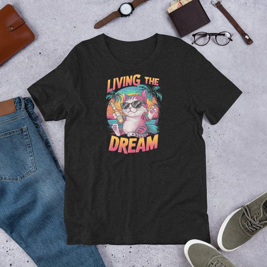 Padres Mágicos Jaspeado negro / S Camiseta "Living the Dream" - Diseño de Gato Relajado