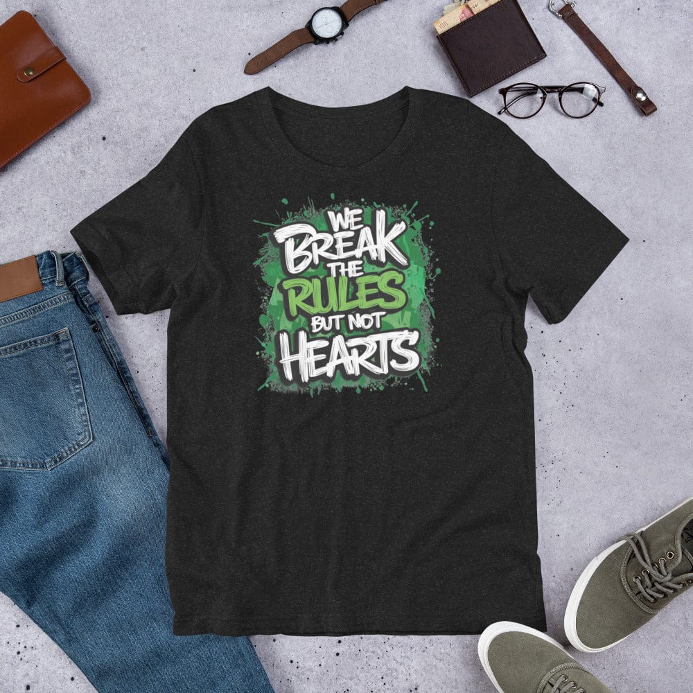 Padres Mágicos Jaspeado negro / S Camiseta "We Break the Rules but Not Hearts" - Diseño Rebelde y Divertido