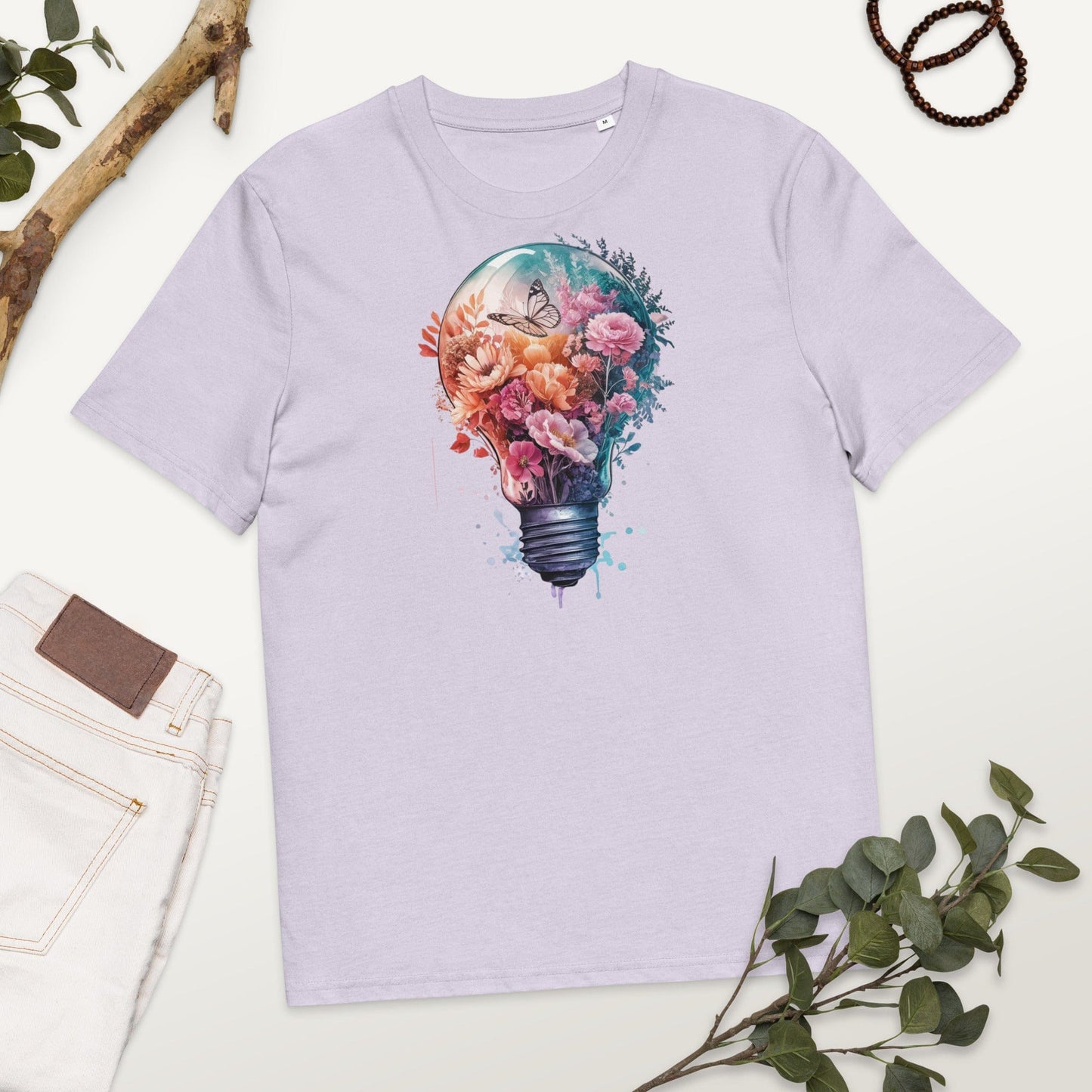 Padres Mágicos Lavanda / S Camiseta "Bombilla Floral con Mariposa" 100% Algodón Orgánico - Para Amantes de la Creatividad y la Naturaleza