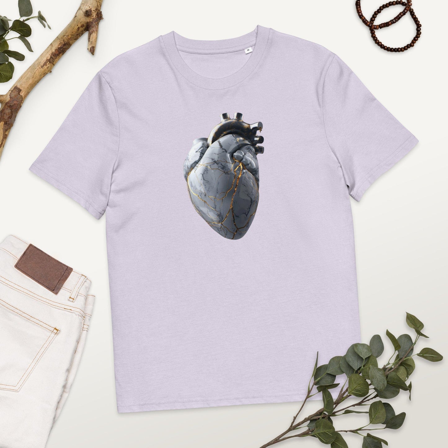 Padres Mágicos Lavanda / S Camiseta Corazón de Mármol con Detalles de Oro - Algodón Orgánico