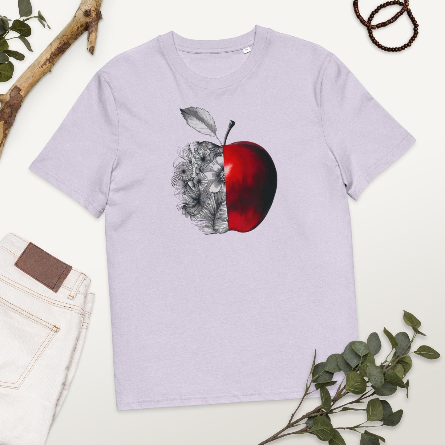 Padres Mágicos Lavanda / S Camiseta "Manzana Floral Contrastada" 100% Algodón Orgánico - Para Amantes del Arte y la Naturaleza