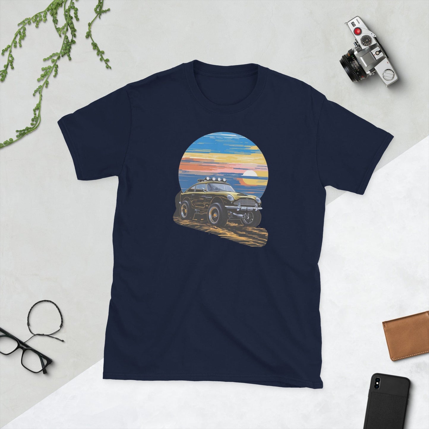 Padres Mágicos Marino / S Camiseta "Aventura en el Atardecer" - Arte Retro en 100% Algodón para Amantes de los Coches