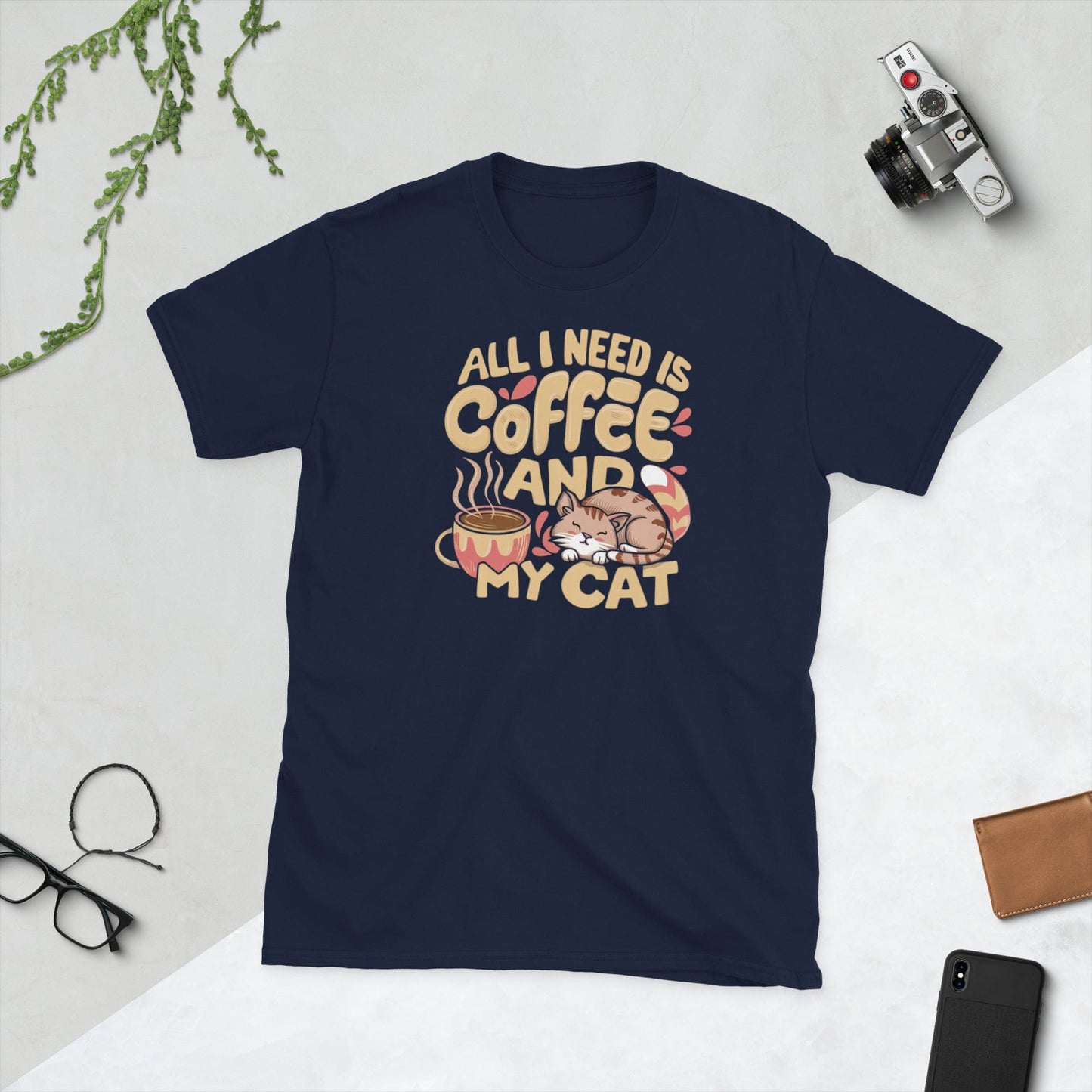 Padres Mágicos Marino / S Camiseta "Todo lo que necesito es café y mi gato" - 100% Algodón para Amantes de Gatos