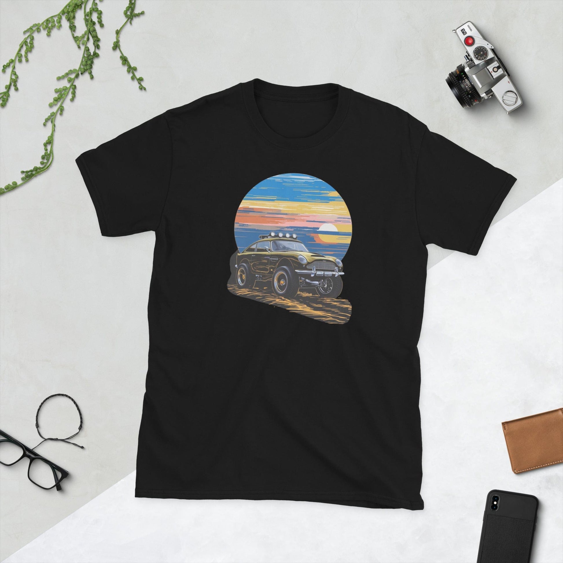 Padres Mágicos Negro / S Camiseta "Aventura en el Atardecer" - Arte Retro en 100% Algodón para Amantes de los Coches