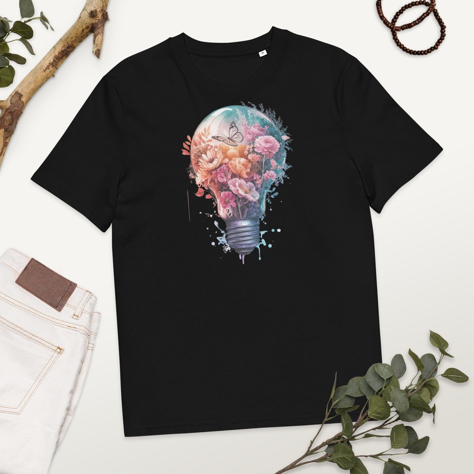 Padres Mágicos Negro / S Camiseta "Bombilla Floral con Mariposa" 100% Algodón Orgánico - Para Amantes de la Creatividad y la Naturaleza