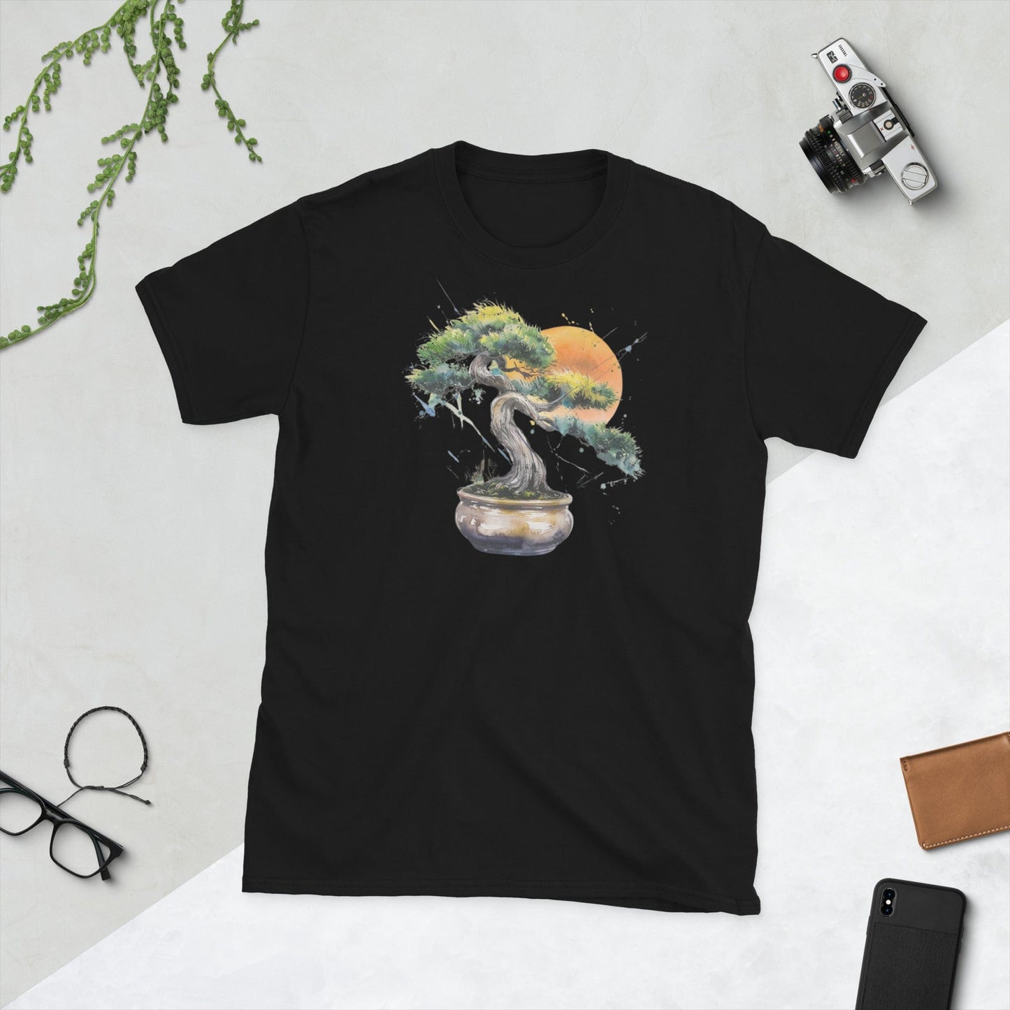 Padres Mágicos Negro / S Camiseta "Bonsái al Atardecer" - 100% Algodón con Diseño Artístico Estilo Acuarela