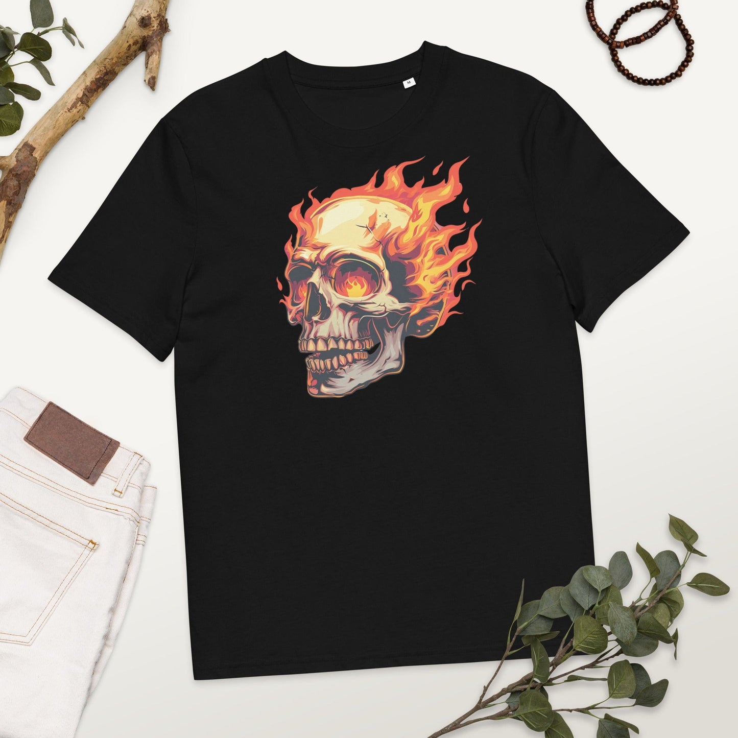 Padres Mágicos Negro / S Camiseta Calavera Llameante de Algodón Orgánico - Sostenible y Cómoda