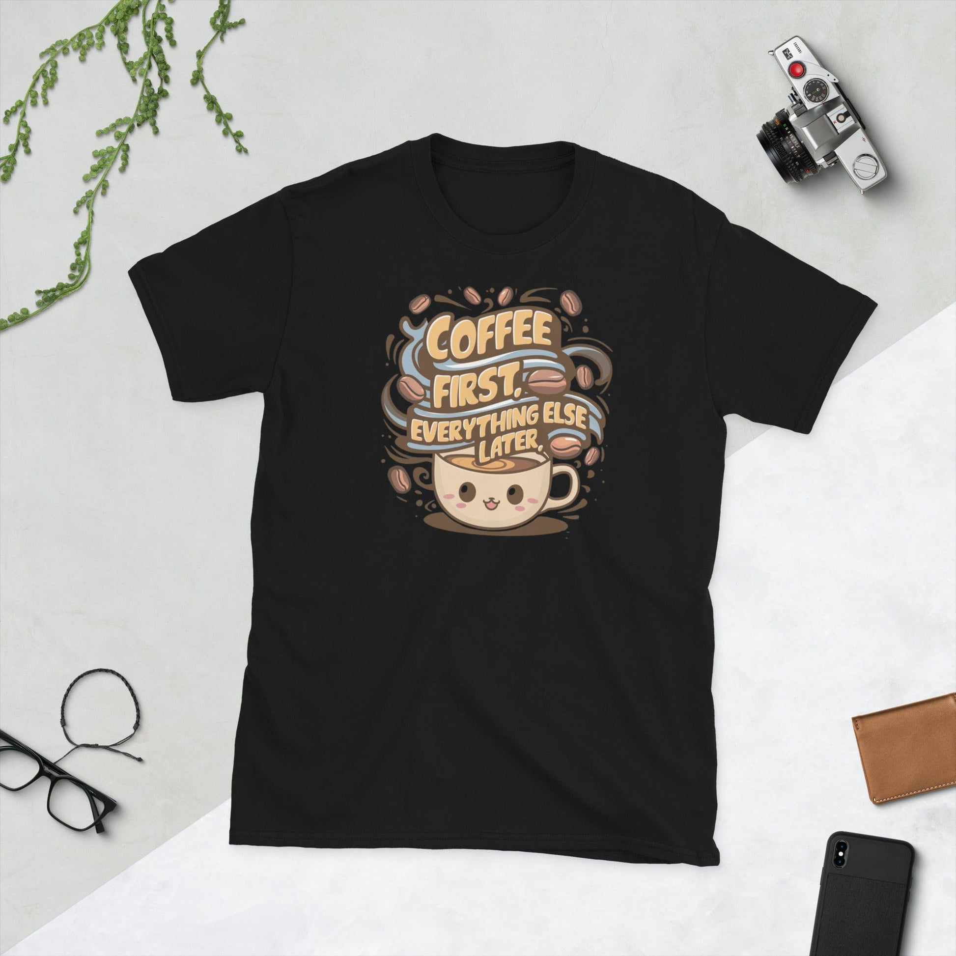 Padres Mágicos Negro / S Camiseta Coffee First - Diseño Divertido y Café Adorable