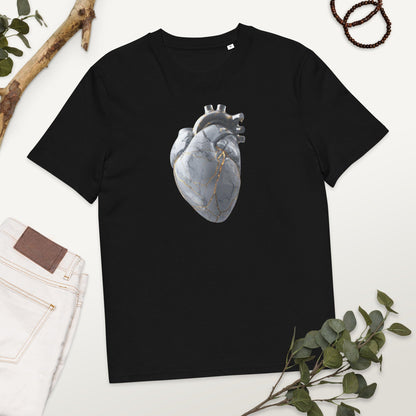 Padres Mágicos Negro / S Camiseta Corazón de Mármol con Detalles de Oro - Algodón Orgánico