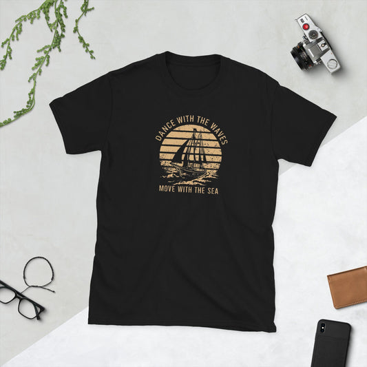 Padres Mágicos Negro / S Camiseta "Dance with the Waves" - 100% Algodón con Diseño Náutico Retro