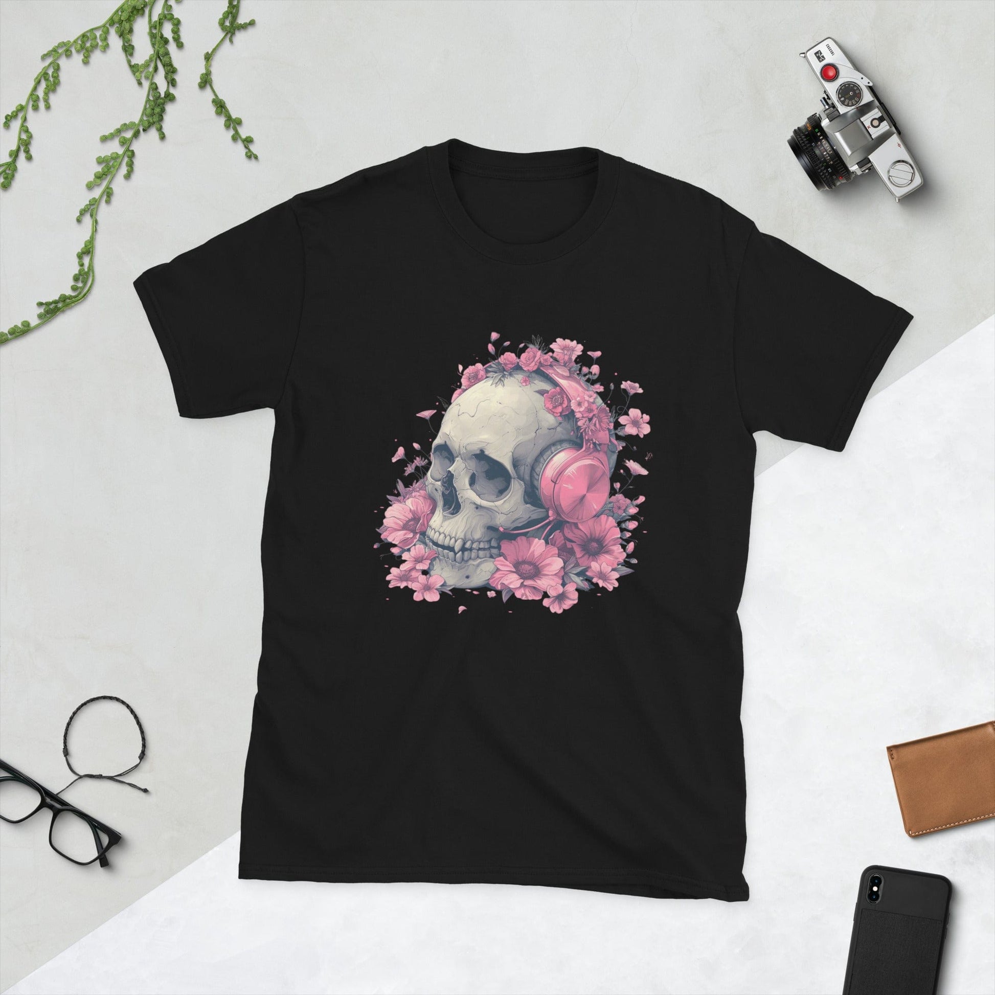 Padres Mágicos Negro / S Camiseta de Calavera con Auriculares y Flores - Diseño Único y Original