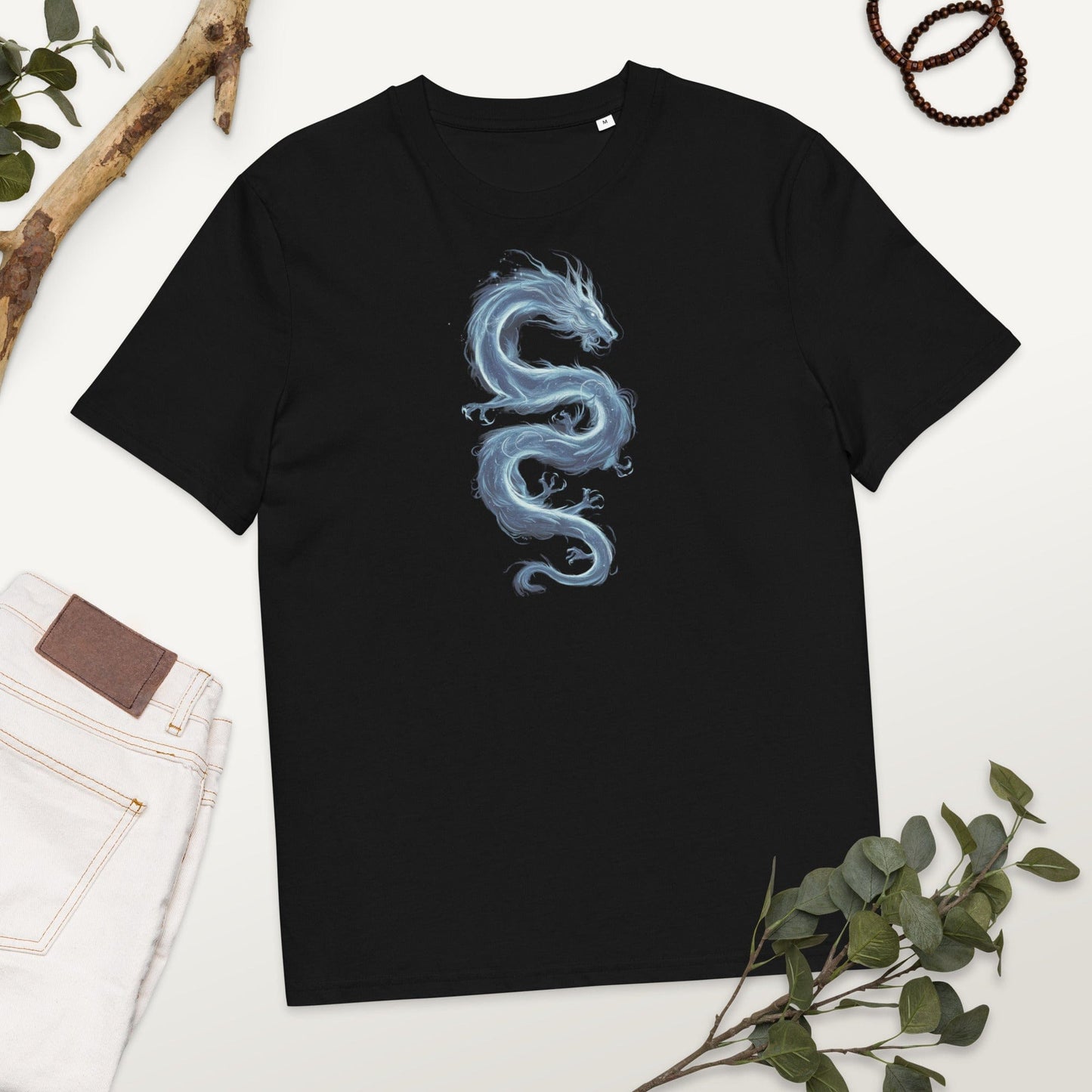 Padres Mágicos Negro / S Camiseta "Dragón de Hielo Místico" 100% Algodón Orgánico - Para Amantes de la Fantasía y la Magia