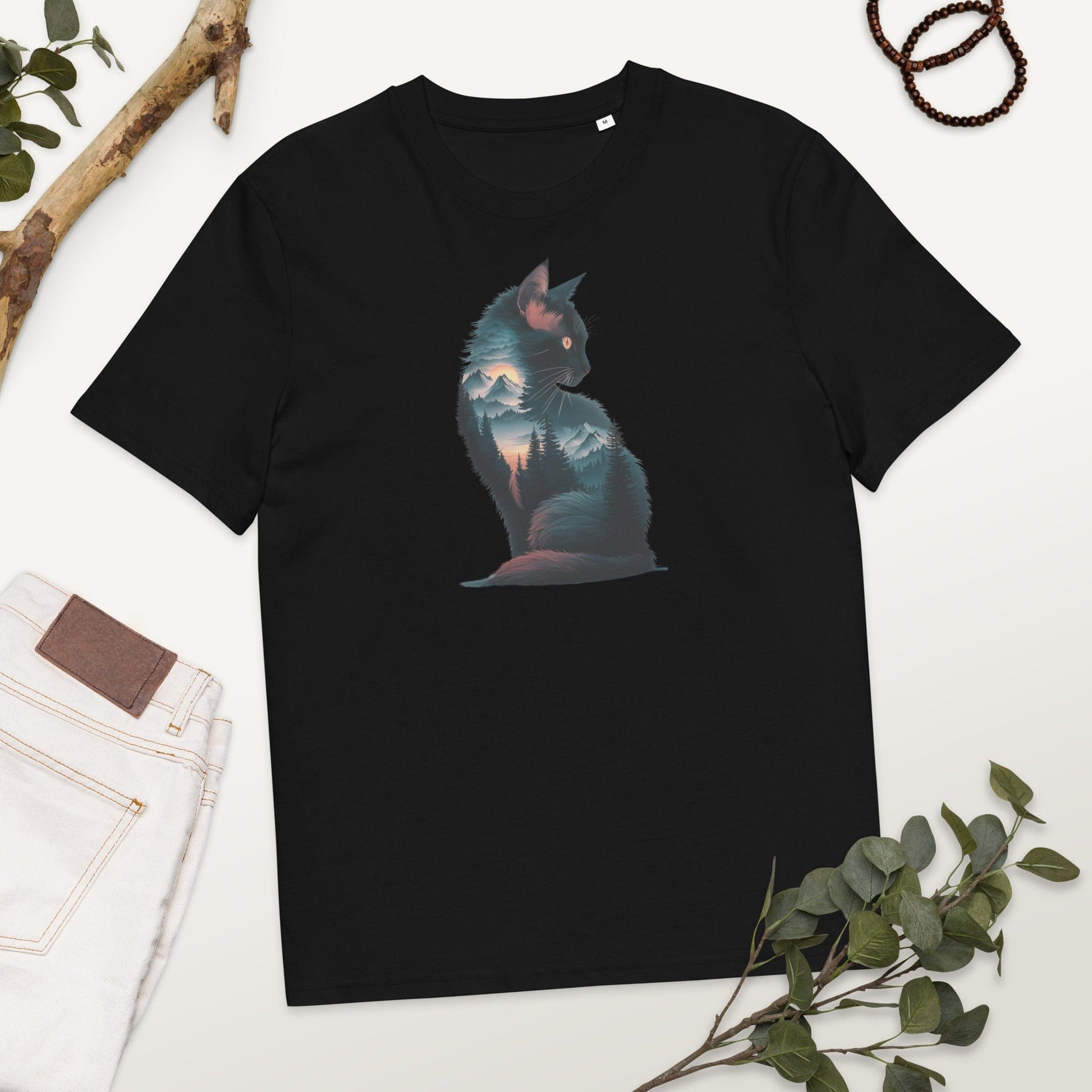 Padres Mágicos Negro / S Camiseta Gato con Paisaje de Montaña - Algodón Orgánico