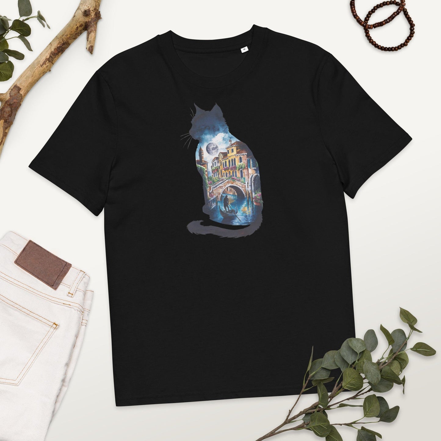 Padres Mágicos Negro / S Camiseta Gato con Paisaje de Venecia - Algodón Orgánico