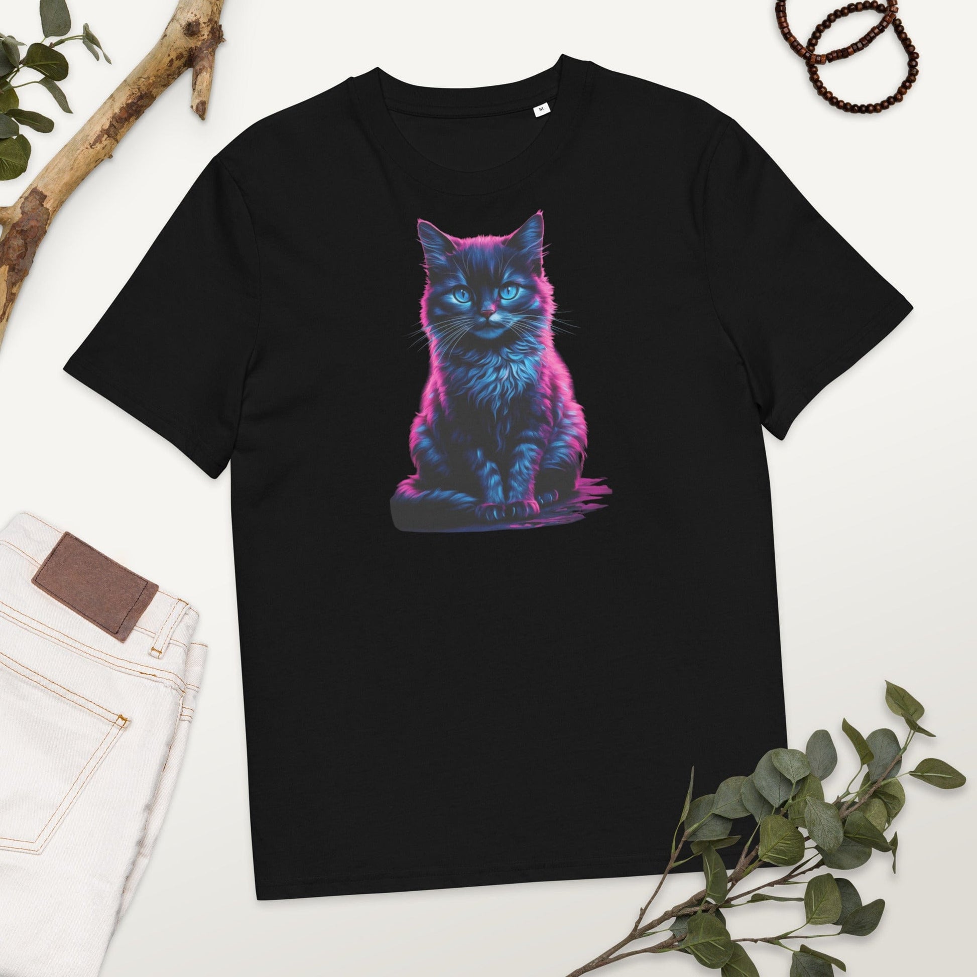 Padres Mágicos Negro / S Camiseta "Gato Neón Hipnótico" 100% Algodón Orgánico