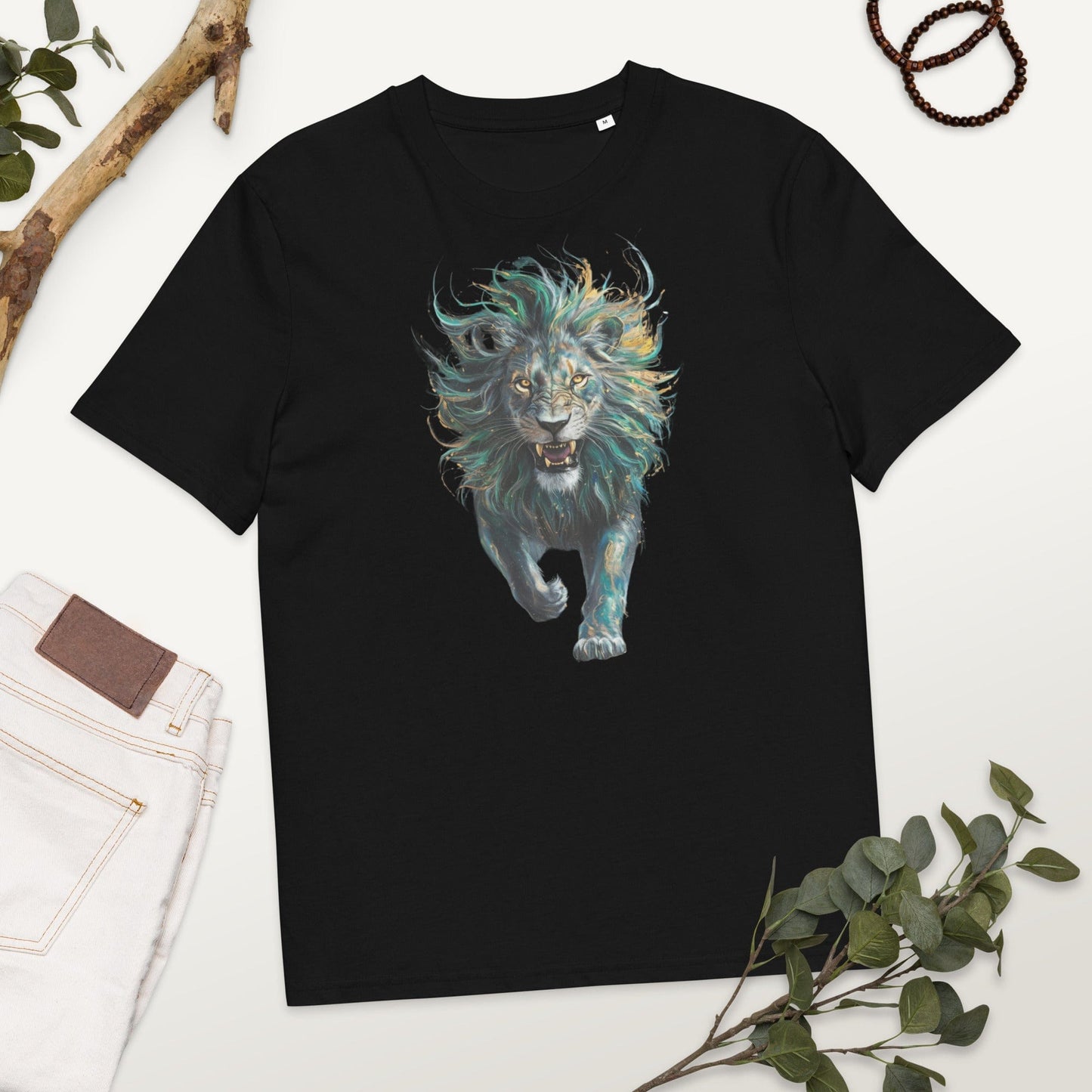 Padres Mágicos Negro / S Camiseta "León Furia Verde" 100% Algodón Orgánico - Para Amantes de la Fuerza y la Naturaleza