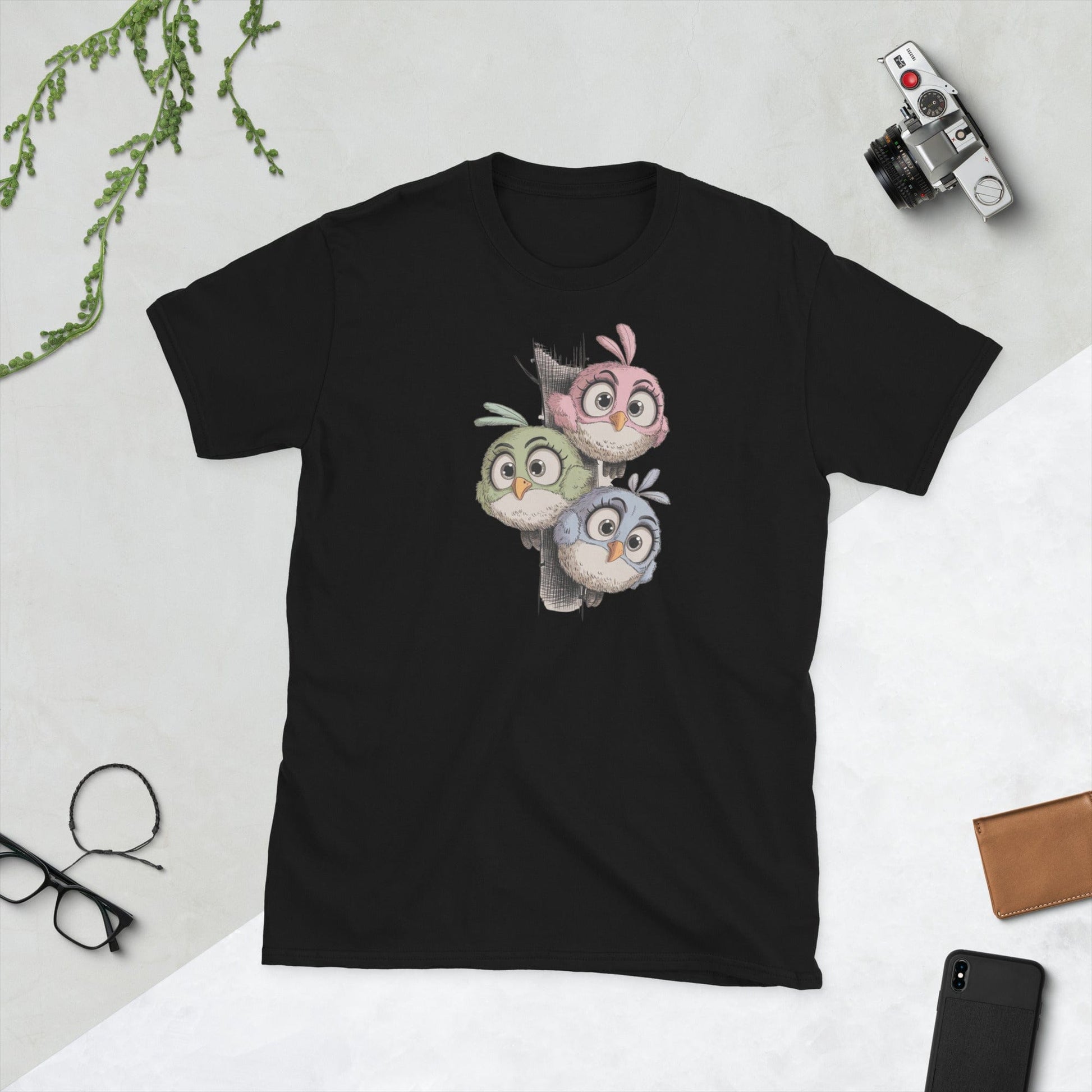 Padres Mágicos Negro / S Camiseta "Pajaritos de Colores" - 100% Algodón con Diseño Adorable