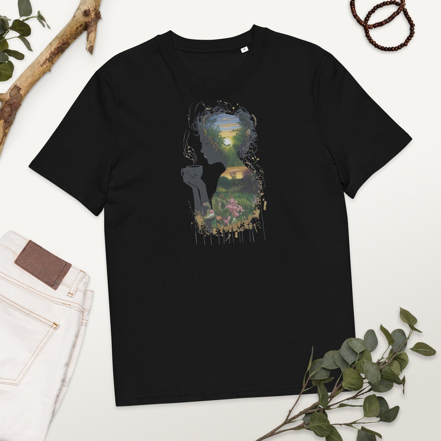 Padres Mágicos Negro / S Camiseta Silueta Mujer con Té y Paisaje - Algodón Orgánico