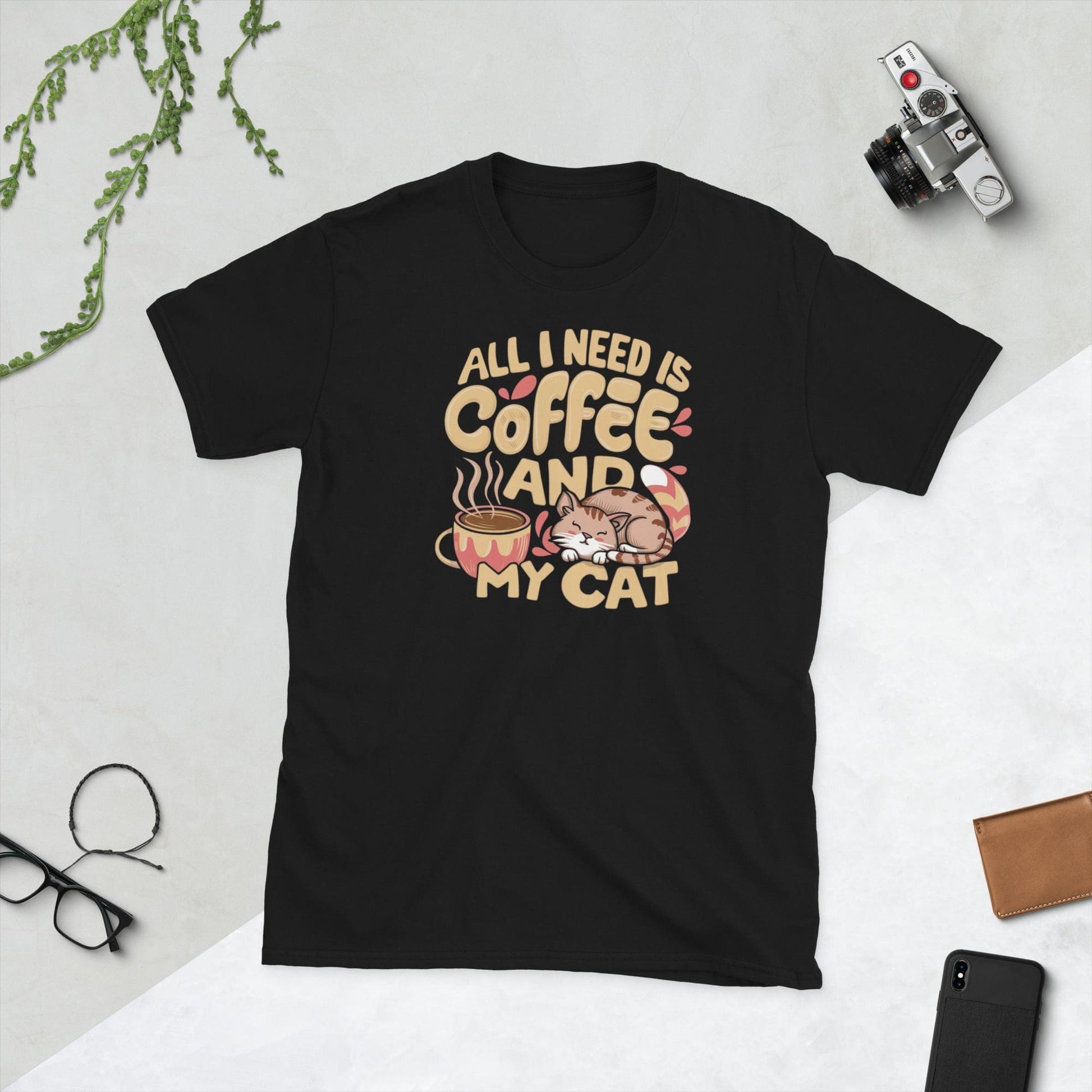 Padres Mágicos Negro / S Camiseta "Todo lo que necesito es café y mi gato" - 100% Algodón para Amantes de Gatos